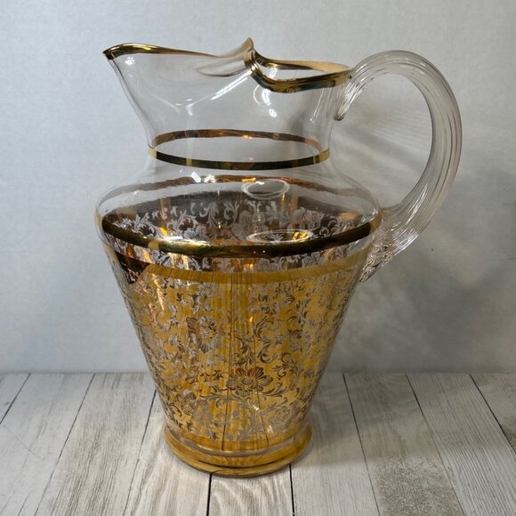 Vintage MCM Pitcher with 5 Tumblers Gold Embellished Floral Rose Design SET - Picture 2 of 10